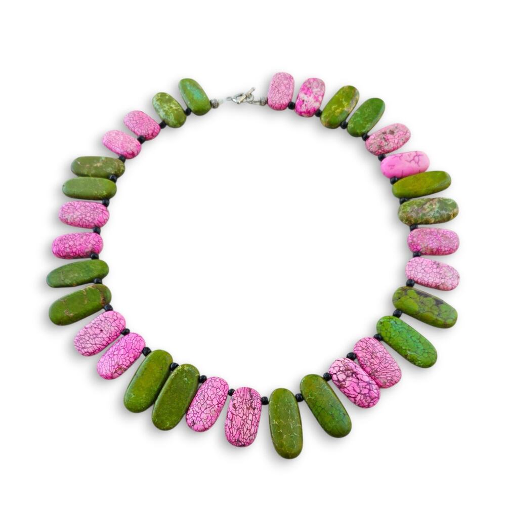 Handmade Gem Stone‎ Beaded Artisan Necklace Howlite Green Pink Green Choker Boho